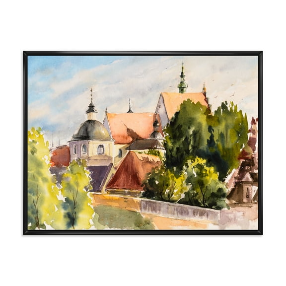 Designart 'View of Old Polish City Buildings In Nature' Traditional Framed Canvas Wall Art Print