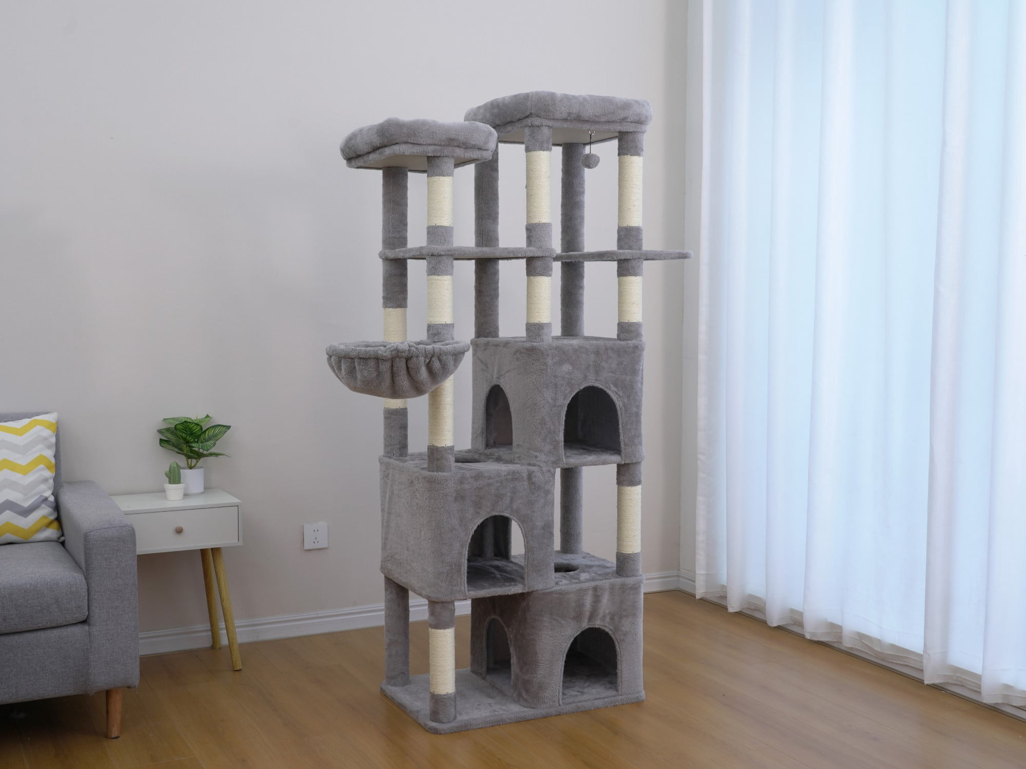 Vibrant Life Heavy Duty 7-Level 70" Cat Tree with Three Condos and Hammock, Light Gray