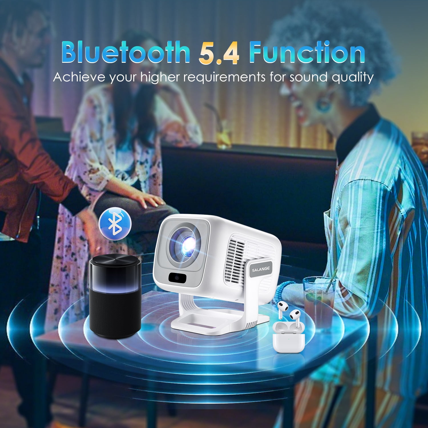 Salange Smart Projector with WiFi and Bluetooth 5.4, 1080P Native Auto Focus Keystone, 4K Supported, Built-in Apps, Short Throw for Home Indoor Outdoor