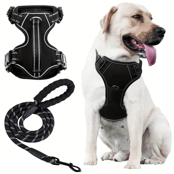 Aystkniet Dog Harness with Leash Set, No Pull Adjustable Reflective Step-in Puppy Harness with Thickened Padded Vest for Small Medium Large Dogs, Cats,Black,S