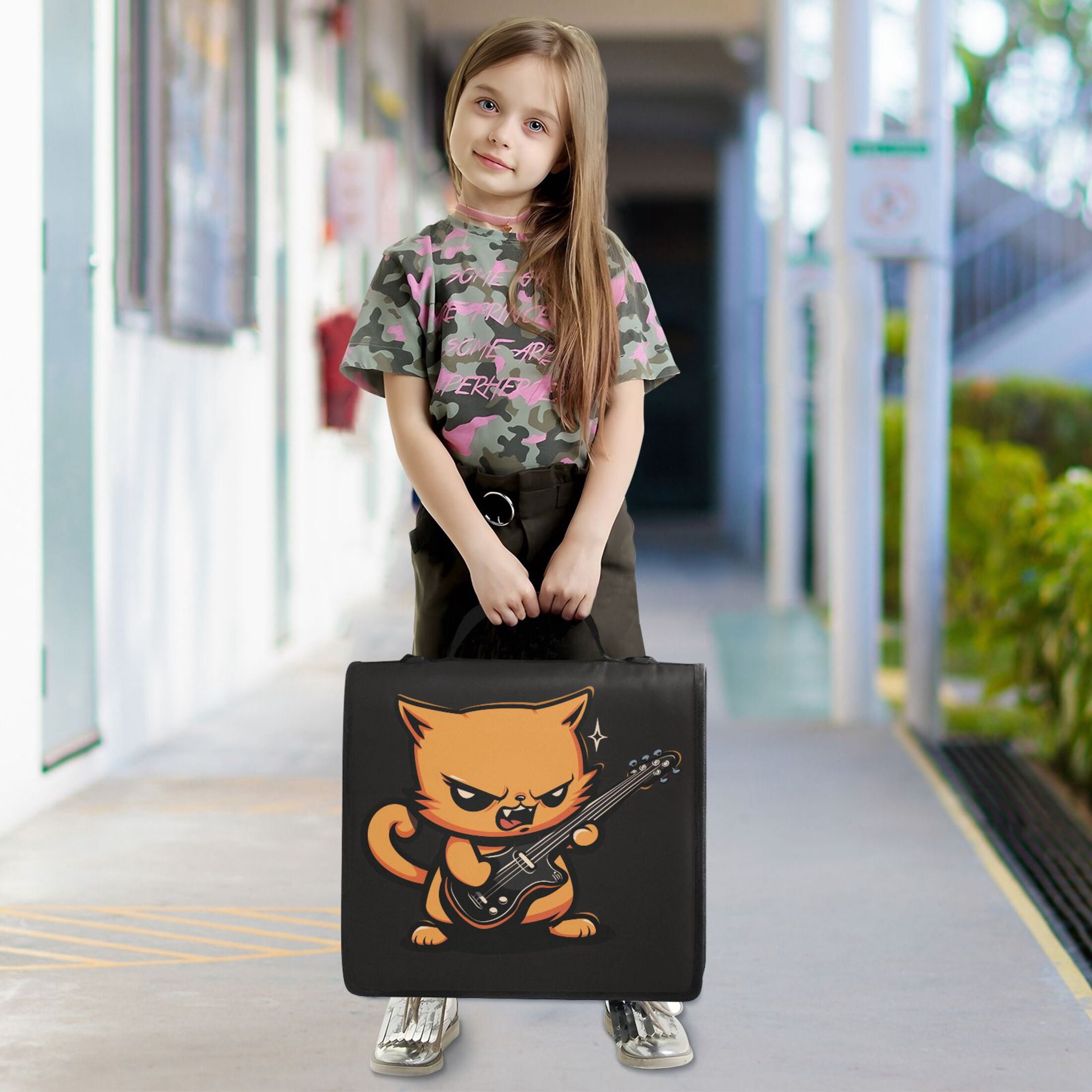 3 Ring Zipper Binder with Shoulder Strap Waterproof Trapper Keeper 2 Inch D-Ring 500 Sheets Capacity Angry Cat Playing Guitar