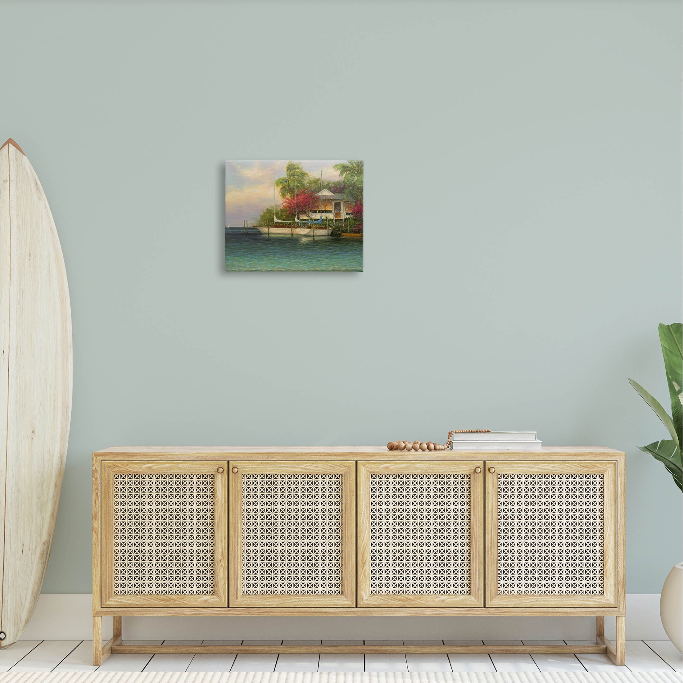 Tropical Boats Waterfront Scenery Landscape Painting Gallery Wrapped Canvas Print Wall Art