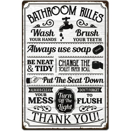 1pc Bathroom Rules Metal Tin Signs Vintage Bathroom Quotes Signs Funny Toilet Wall Art Plaque Bathroom Tin Sign Wall Decor Bathroom Toilet Sink Wall Decoration