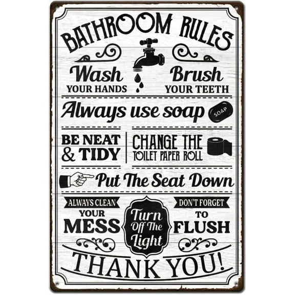 1pc Bathroom Rules Metal Tin Signs Vintage Bathroom Quotes Signs Funny Toilet Wall Art Plaque Bathroom Tin Sign Wall Decor Bathroom Toilet Sink Wall Decoration