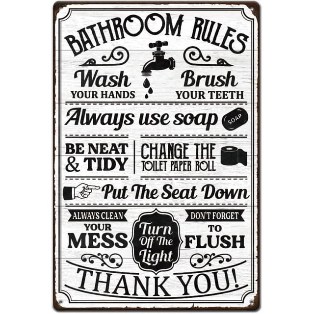 Letreros de hojalata con reglas para el baño, letreros vintage con citas sobre el baño, placa de arte divertido para la pared del baño, letrero de hojalata para el baño, decoración de pared para el
