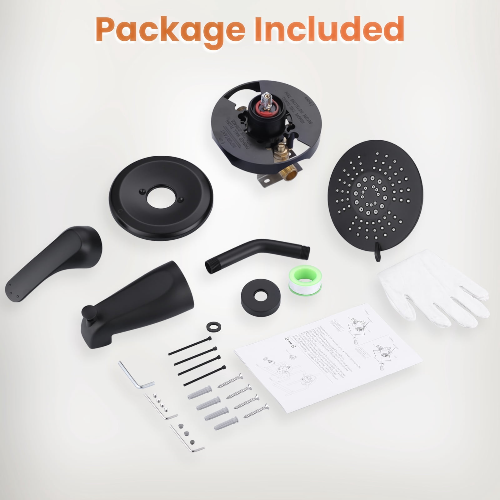 Wowow Shower Faucet with Valve, Bathroom Tub Shower Faucet Kit, Single Handle Rain Shower Head with Tub Spout, Black