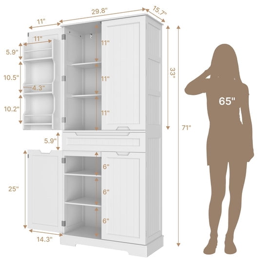 Aiho 71" Kitchen Storage Cabinet with Doors and Shelves, Bathroom Storage Cabinet - White