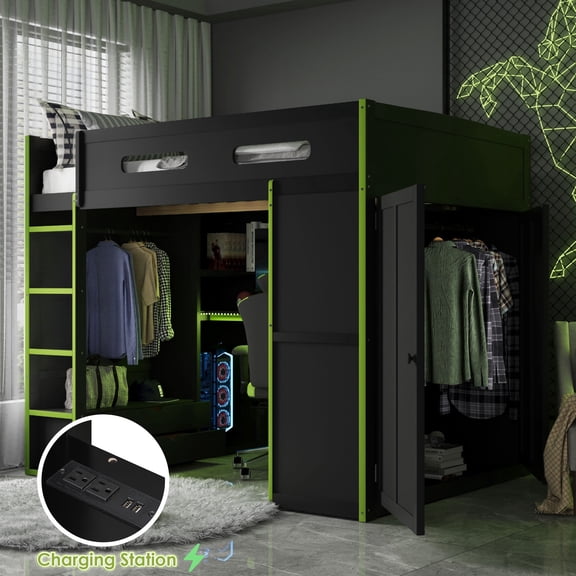 Mirightone Full Size Gaming Loft Bed with Desk, 2 Wardrobe& RGB Light, Wood Loft Bed with Charging Station for Adults & Small Rooms (Black Green)