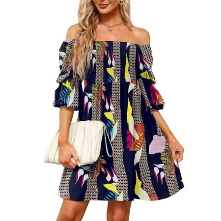 

Giligiliso Clearance Summer Dresses For Women 2023 Womens Casual Square Neck Puff 3/4 Sleeve Smocked Chest Off Shoulder Printed Babydoll Mini Dress