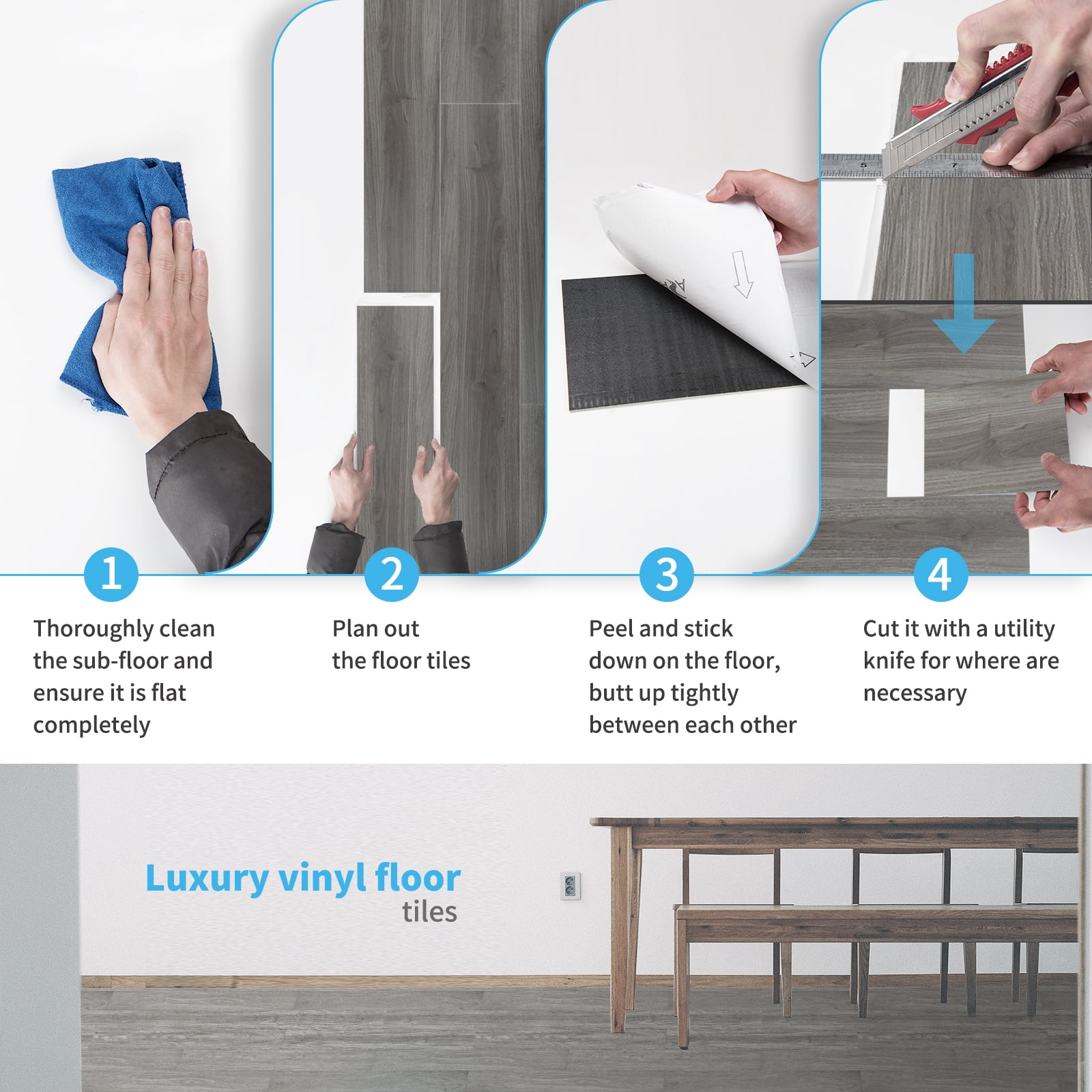 Art3d Self-Adhesive Flooring Peel and Stick Floor Tile Vinyl Wood Plank 36-Pack 54 Sq.Ft-Grey