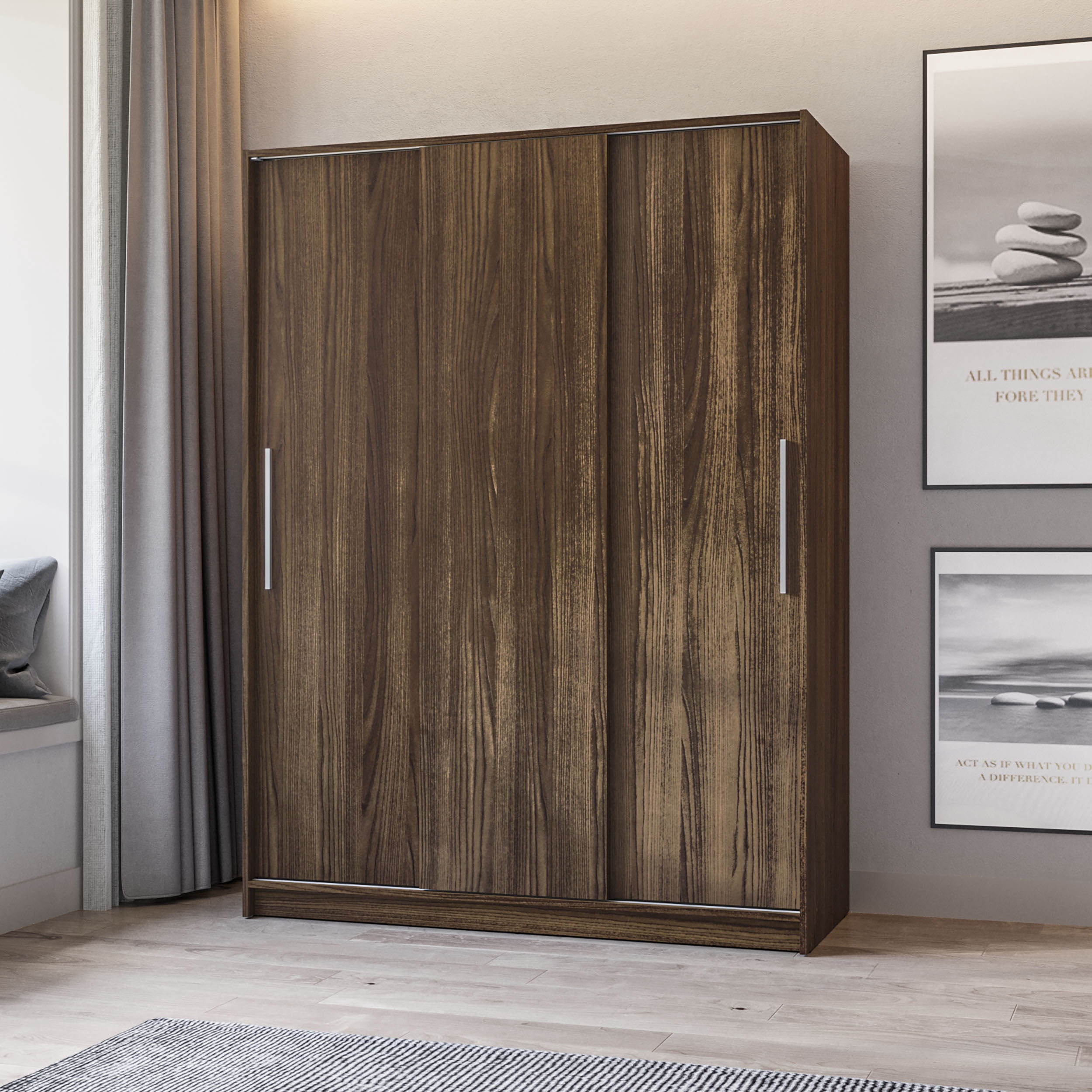 Polifurniture Denmark 71 in. Modern Bedroom Armoire with 3 Sliding Doors, 2 Drawers, Shelves & Hanging Rod, Walnut