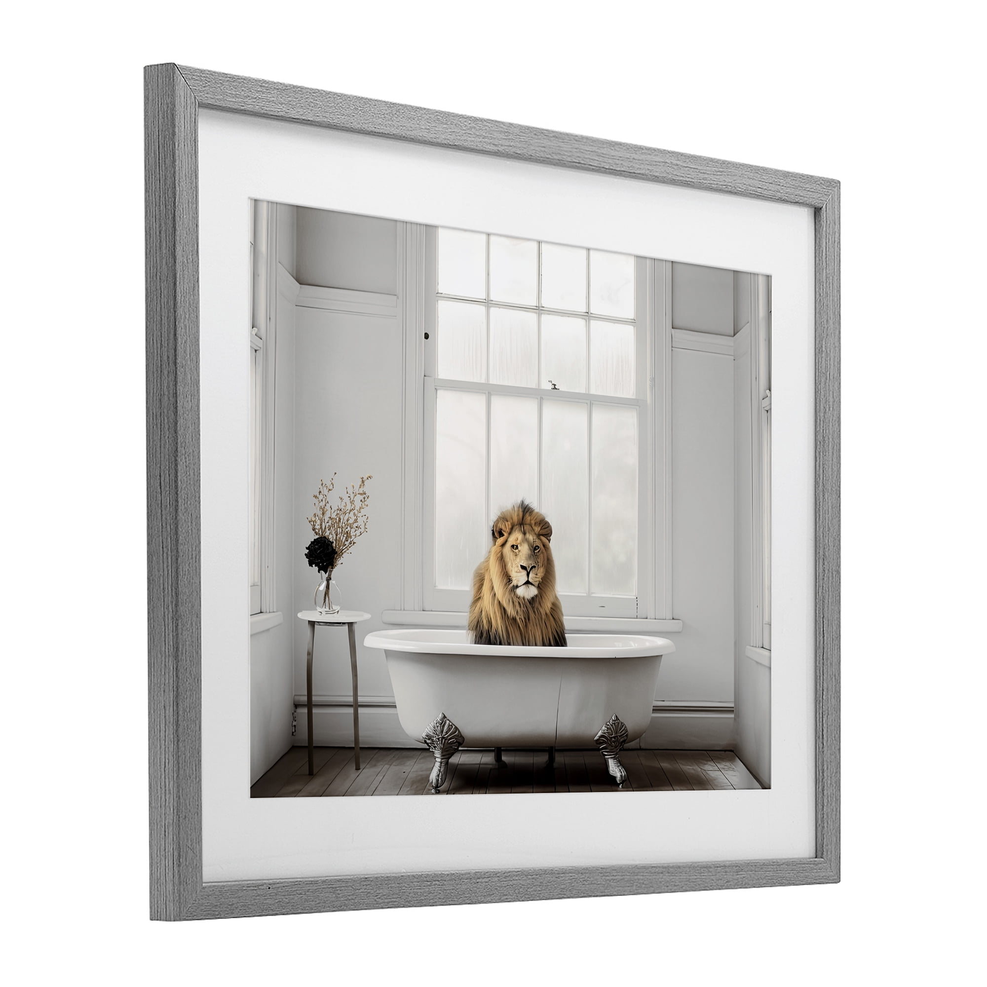 Minimalist Lion Bathtime Gray Framed Print Under Glass, design by Sasha