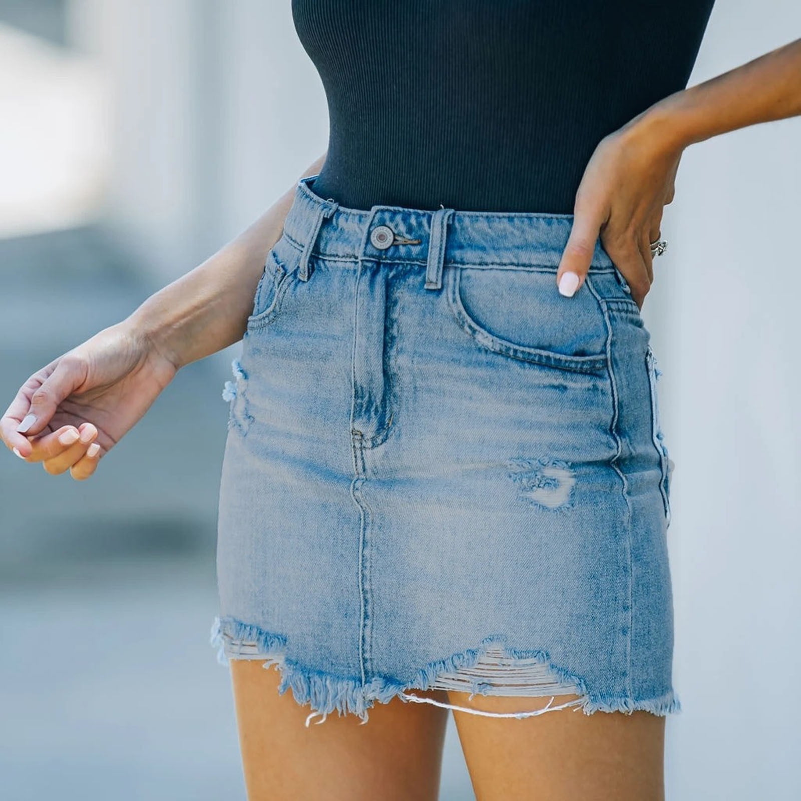 Jupe Jean pour Femme Taille Haute Stretch Dechire Lave Ourlet Brut Effiloche Slim Fit Wrap Denim en Detresse Mini Jupe Walmart