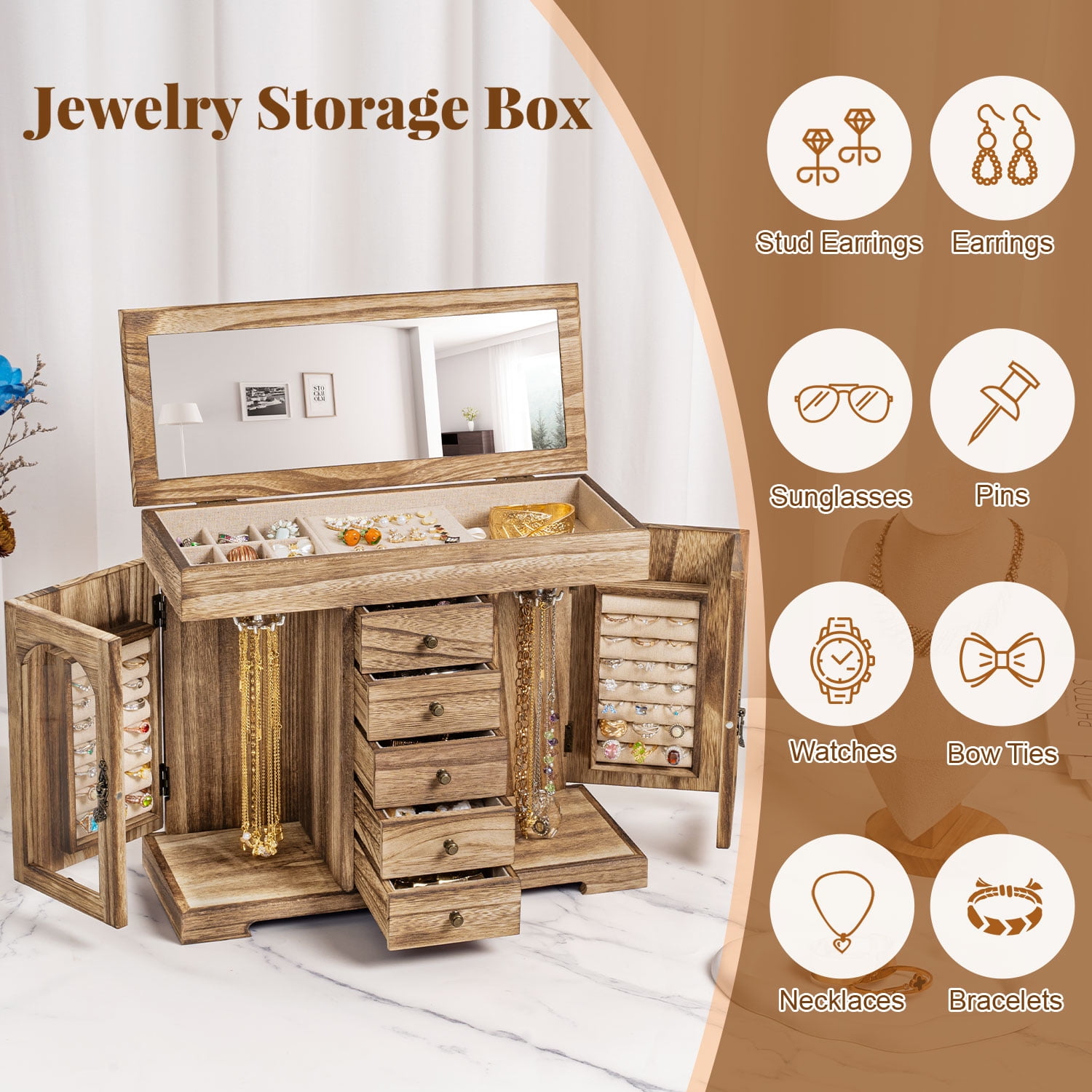 Sfugno Jewelry Box for Women Girls, Wooden Jewelry Organizer Box with Mirror, 5 Layer Jewelry Storage Case,Rustic Brown