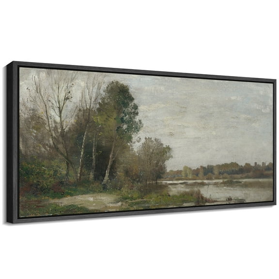 Large Framed Canvas Print Peaceful Nature Scene with Trees and Water ReflectionsWall Art Decorative Ready to Hang Painting for Living room Bedroom 60x30 inches Black Frame