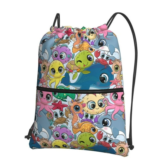 Easygdp Cartoon Marine Animals Drawstring Backpack Gym Bag,Sport Gym Sackpack,Gym Sack with Side Pocket for Men Women