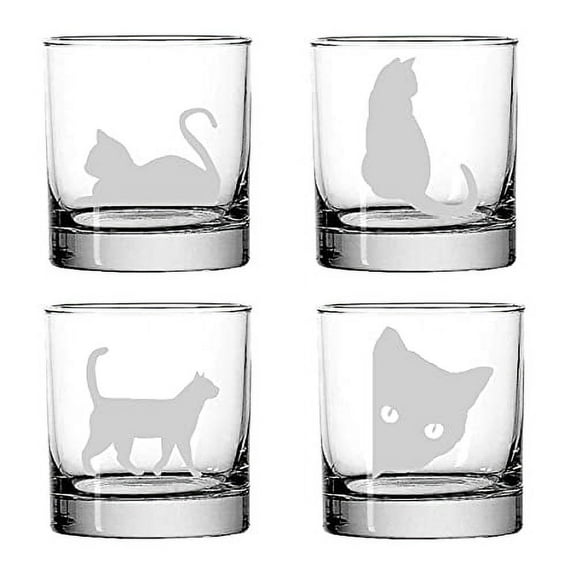 Cute Cats Being Cats Rocks Glasses: 4 Engraved 10oz. Rocks Drinking Glasses: cat lover, cat decor, cat mom