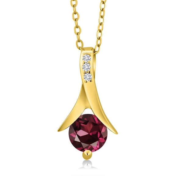 Gem Stone King 1.05 Ct Red Rhodolite Garnet E-F Lab Grown Diamond 18K Yellow Gold Plated Silver Pendant with Chain