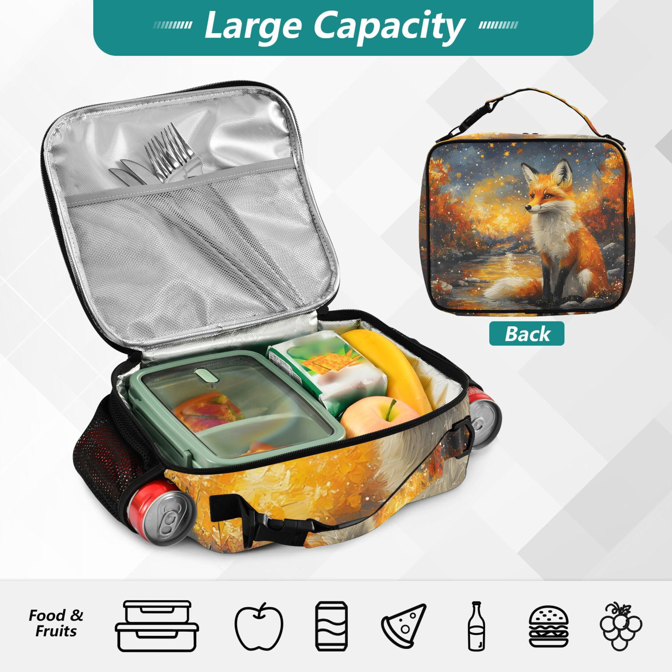 ALAZA Magic Fox Lunch Box Insulated Lunch Bag Cooler Tote with Shoulder Strap