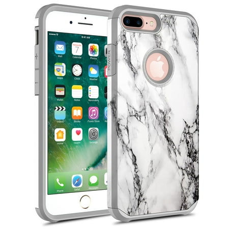 Premium White Silicone Skin Case - iPhone 7 Plus Case, iPhone 6 / 6S Plus Case, Kaesar Hybrid Dual Layer Shockproof Hard Cover Graphic Fashion Cute Colorful Silicone Skin Case for Apple iPhone 7 Plus - White Marble
