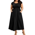 thumbnail image 2 of ClodeEU Women's Plus Size Square Neck Cap Sleeve Smocked Waist Midi Dress, Casual Summer Flowy Dress with Pockets Black,Women's Plus L, 2 of 8