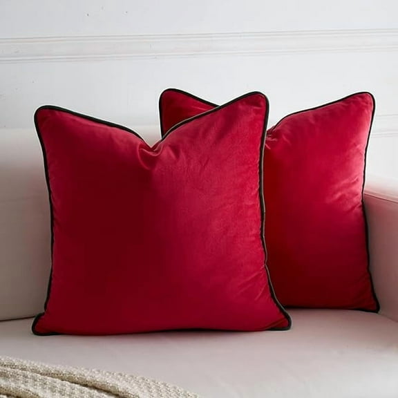 0829 Set of 2 Christmas Red Velvet Throw Pillow Covers Modern Minimalist Style Solid Decorative Dark Green Rope Edging Soft Square Cushion Cases for Sofa Bedroom Party Décor, 20 x 20 inch