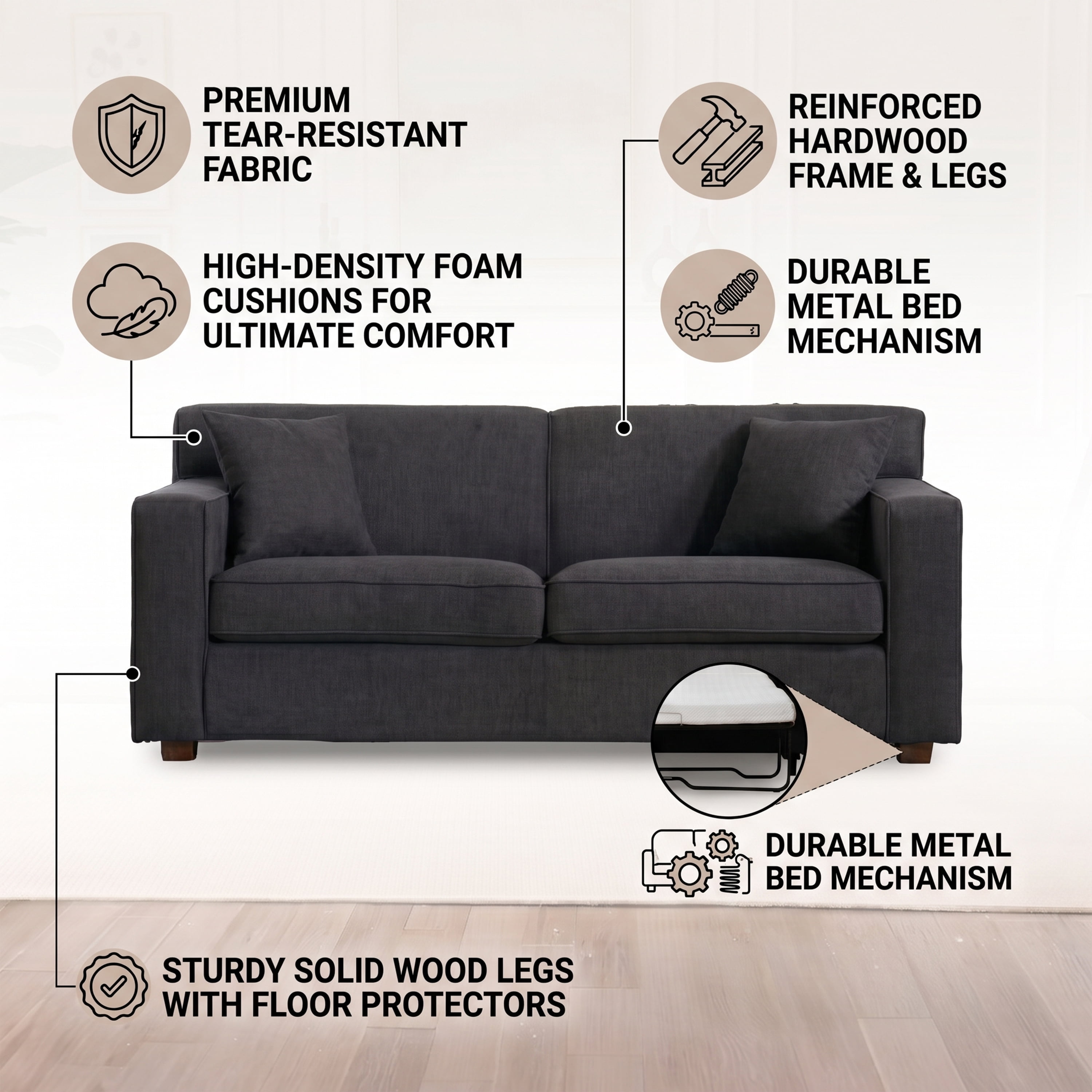 76" Modern Loveseat Sleeper Sofa with 4" Full Bed & 2 Pillows, Dark Gray