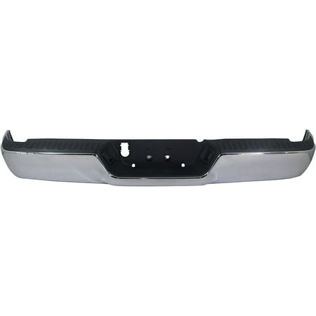 REAR STEP BUMPER ASSEMBLY; CHROME FINISH; FOR 1500 MODELS WITHOUT DUAL EXHAUST; WITHOUT PARK ASSIST SENSOR HOLES; INCLUDES BUMPER/PAD