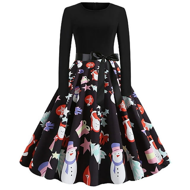 Pompotops Robe Vintage Imprimée à Manches Longues Col en V pour Femmes Soirée de Noël