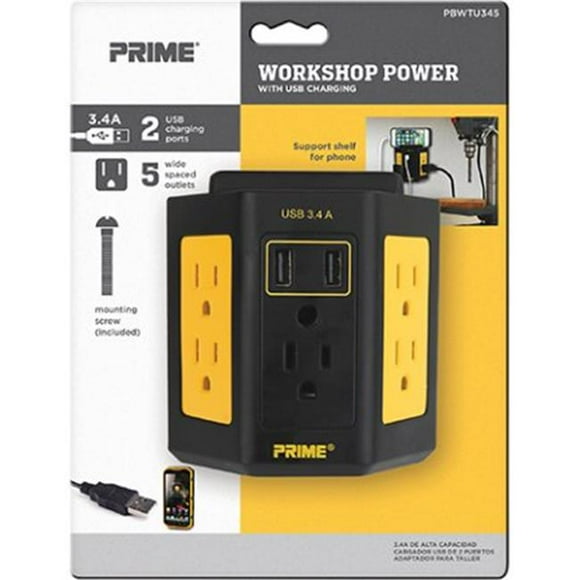Prime Câble et Fil Robinet d'Atelier PBWTU345 5 Sorties avec Chargeur USB 2 Ports 3.4A