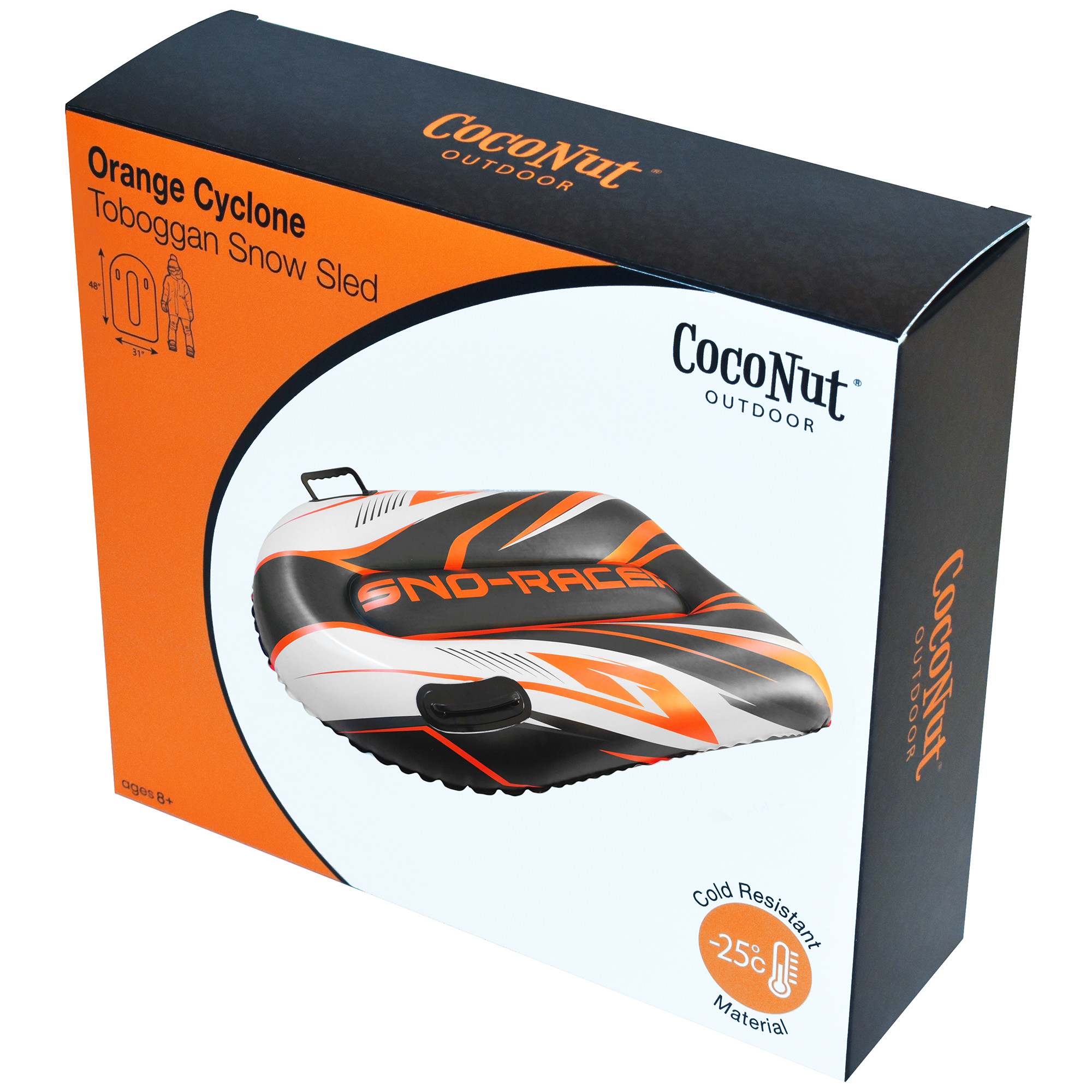 CocoNut Outdoor: Orange Cyclone Toboggan Snow Sled - 48x31" Blue-Black-White - Winter Inflatable, Cold Resistant PVC, 200lb Cap, Kids-Teens-Adults 8+