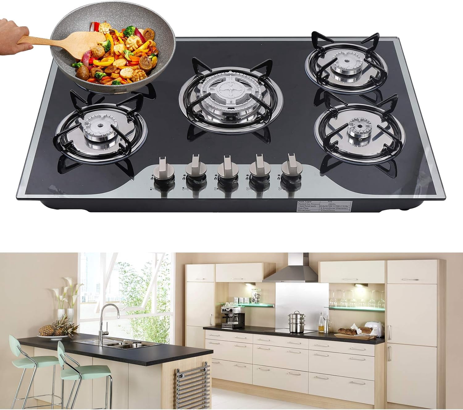 Built-in Gas Cooktop, 5 Burners Gas Stove with Tempered Glass Smooth Surface Automatic Pulse Ignition Countertop Stove Perfect for Kitchen, NG/LPG Convertible (30 Inch)