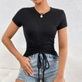 thumbnail image 4 of DuoJiaJ Women's Solid Color Round Neck Casual Simple Drawstring Short Sleeved T Shirt Women’s High-Neck Workout Tops Black, 4 of 5