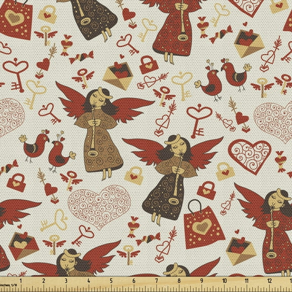 Ambesonne Romantic Fabric by the Yard Upholstery, Medieval Valentine Themed, 5 Yards, Eggshell Caramel and Ruby