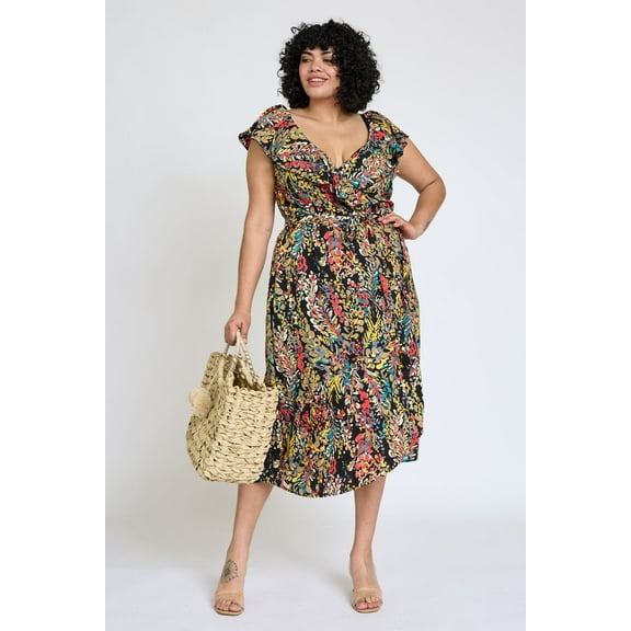 Black Festive Foliage Wrap Midi Dress | S-3X