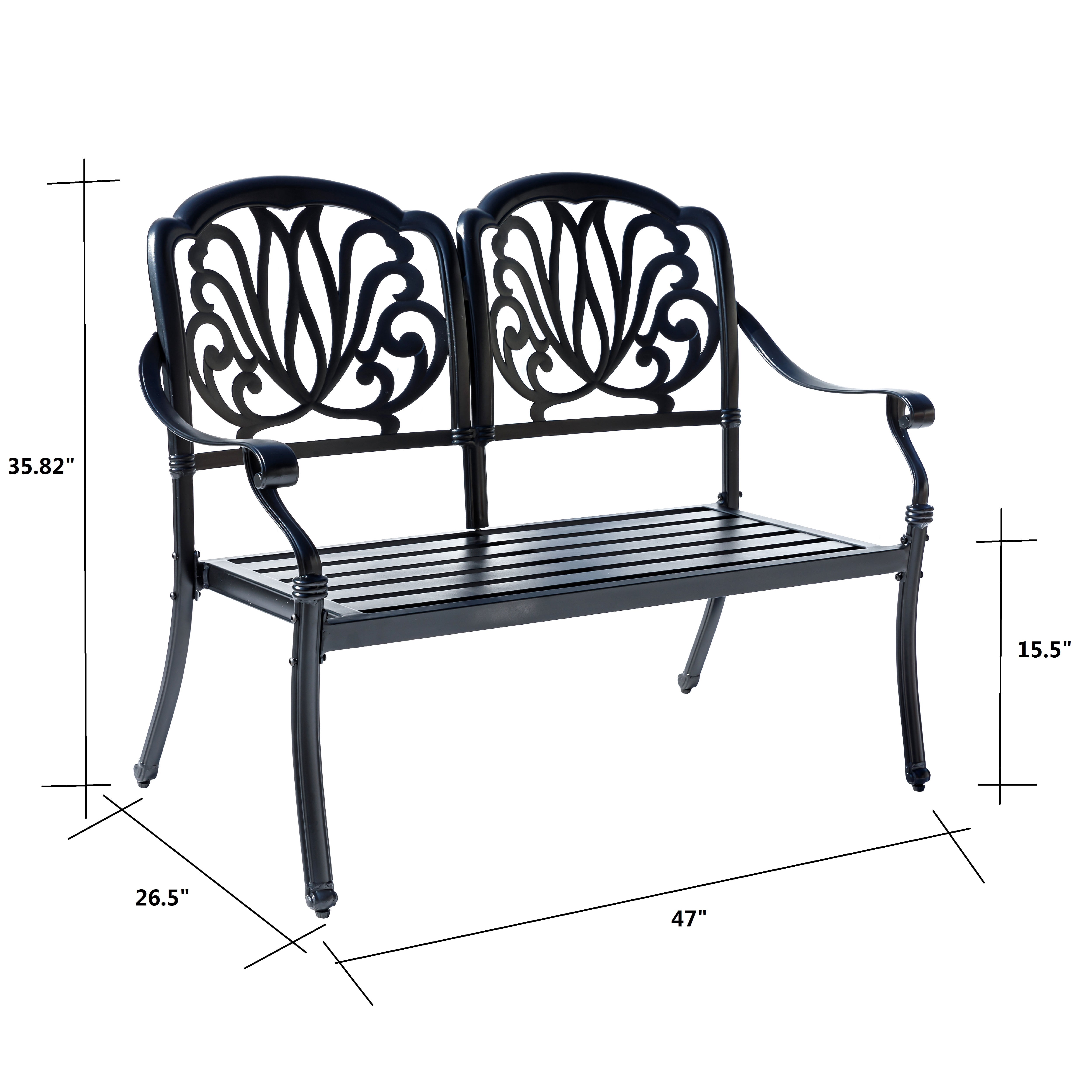 Hi-Line Gift Ltd 78662-BK Midnight Oasis- Black Cast Aluminium Garden Bench with Easy Assembly