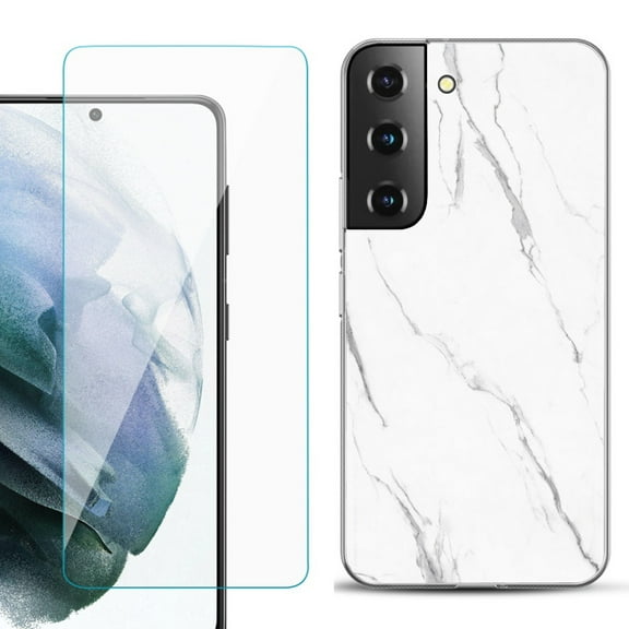 Slim-Fit TPU Fashion Phone Case for Samsung Galaxy S22 5G, with Tempered Glass Screen Protector, by OneToughShield ® - Marble / White
