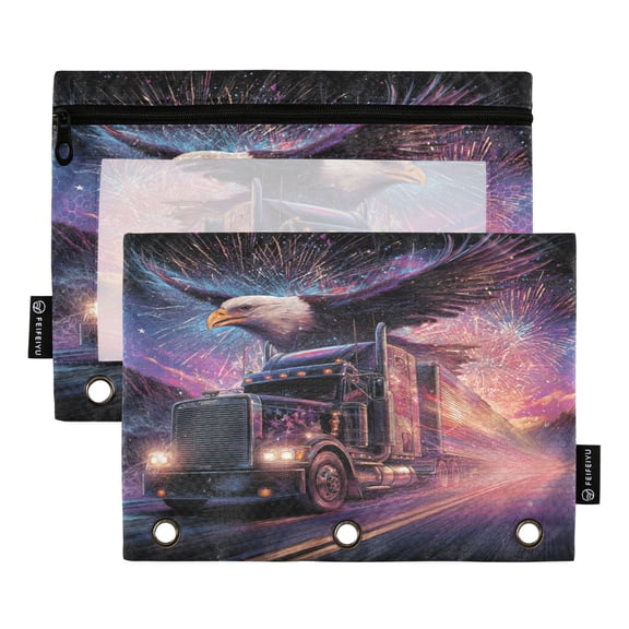 2 Pack 3 Ring Binder Pouch with Clear PVC Window Water Resistant Zipper Pencil Pouch Eagle and The Big Truck Binder Pocket for Classroom Office Home Stationery Organization