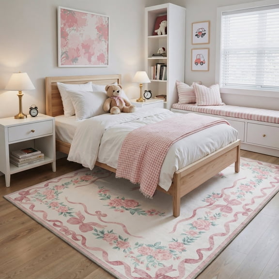 GENIMO 5'x7' Area Rug for Living Room, Machine Washable Non Slip Low Pile Rug for Bedroom Dining Room, Vintage Floral, Soft Pink