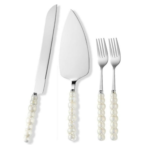 4 Pcs Wedding Cake Knife and Server Set, Dingrich Ceramic Pearl Handle Cake Cutting Set Stainless Steel Pie Cutter for Weddings, Engagements, Anniversaries, Engagement Gifts for Couples (Silver)