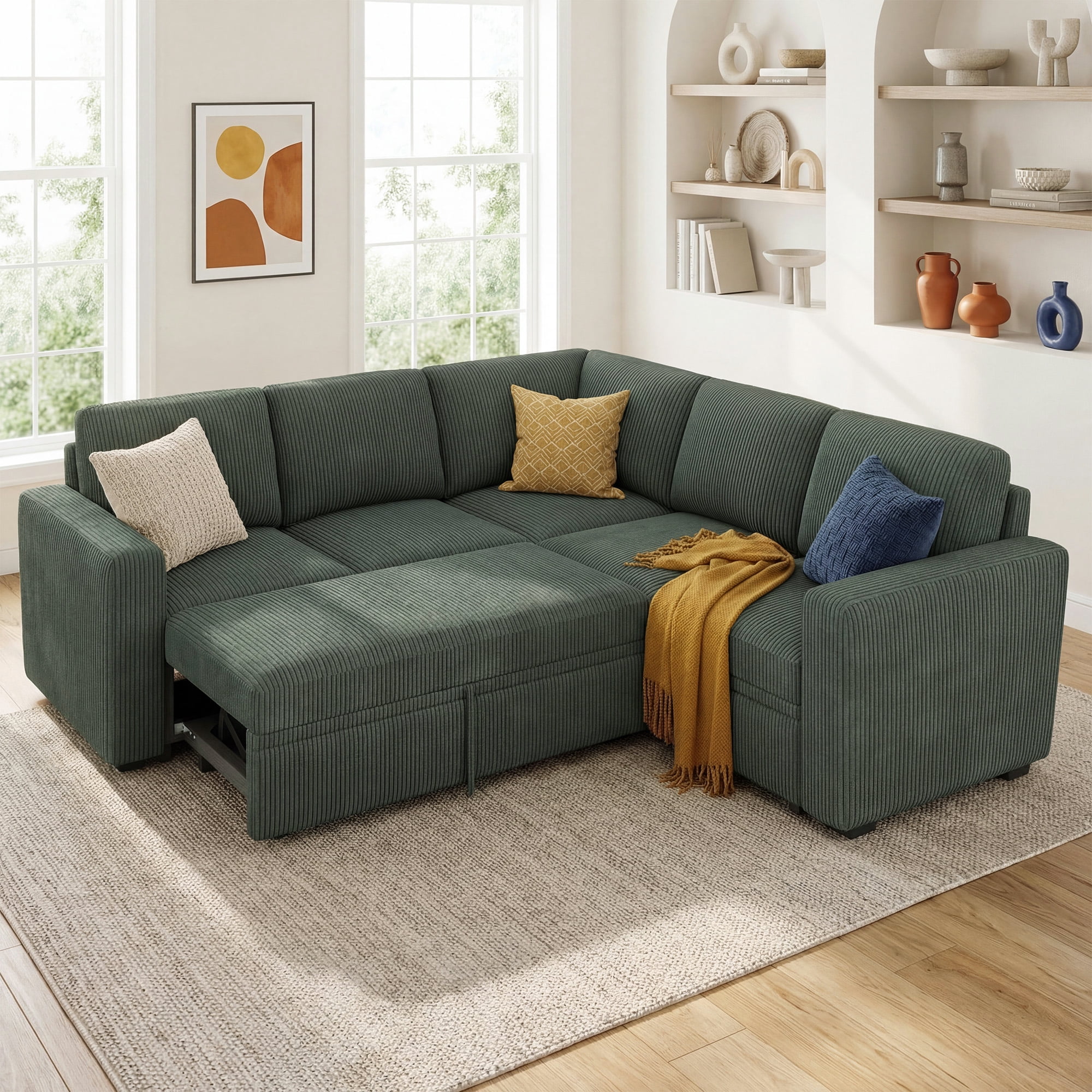 Marrber 83.4” Modular L-Shaped Corduroy Sectional Sleeper Sofa with Pull-Out Bed and Storage for Living Room, Green