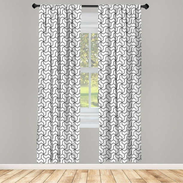 Black and White Curtains 2 Panels Set, Geometric Arrangement with