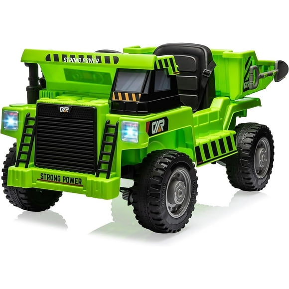 Camión volquete para montar, coche eléctrico para niños 12V con control remoto, vehículo de construcción con caja volquete eléctrica y pala extra, reproductor de música (verde)