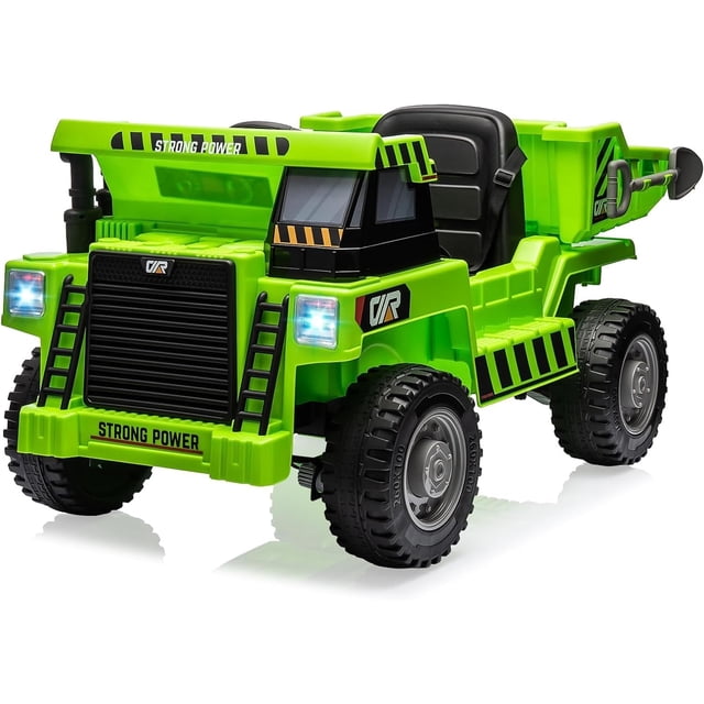 Camión volquete para montar, coche eléctrico para niños 12V con control remoto, vehículo de construcción con caja volquete eléctrica y pala extra, reproductor de música (verde)