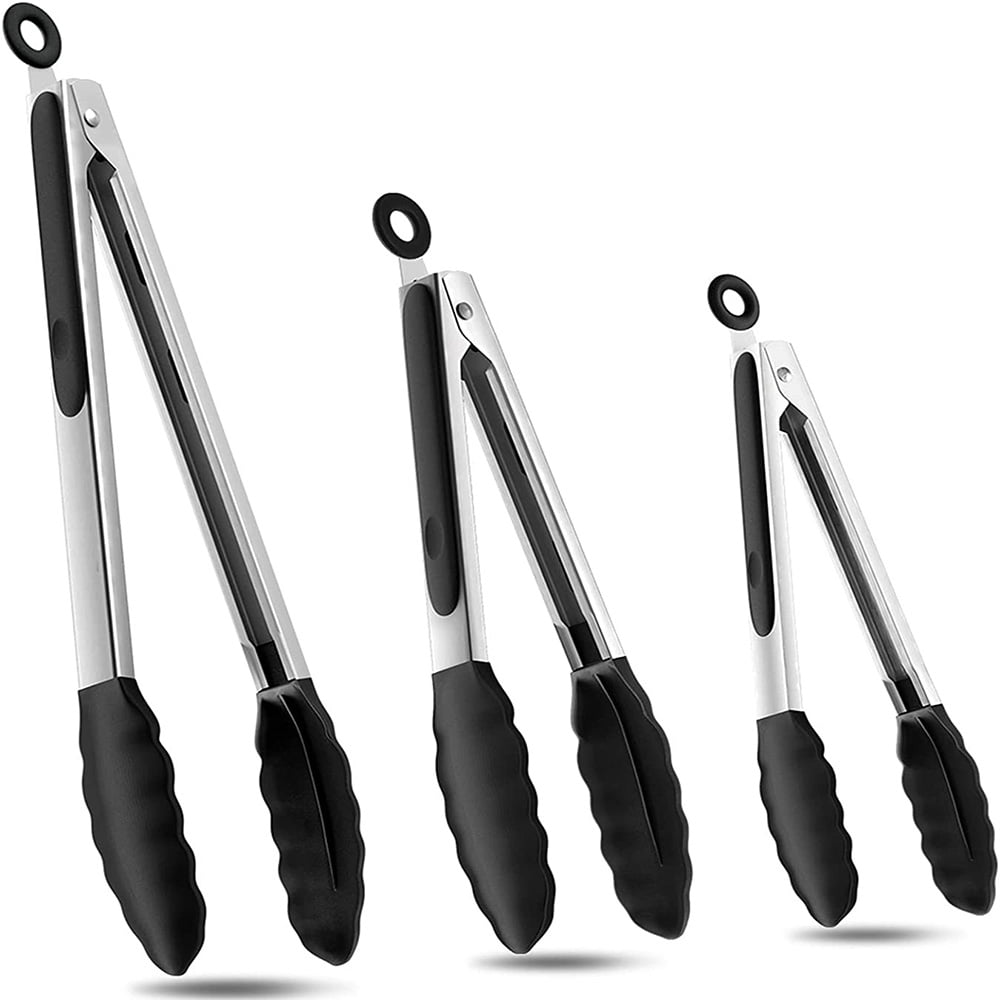 SWTROOM Kitchen Tongs, Premium Stainless Steel Metal Food Tongs with Non-Stick Silicone Tips, for Food Grill, Salad, BBQ, Frying and Serving, Set of 3 (7' 9' and 12') Black
