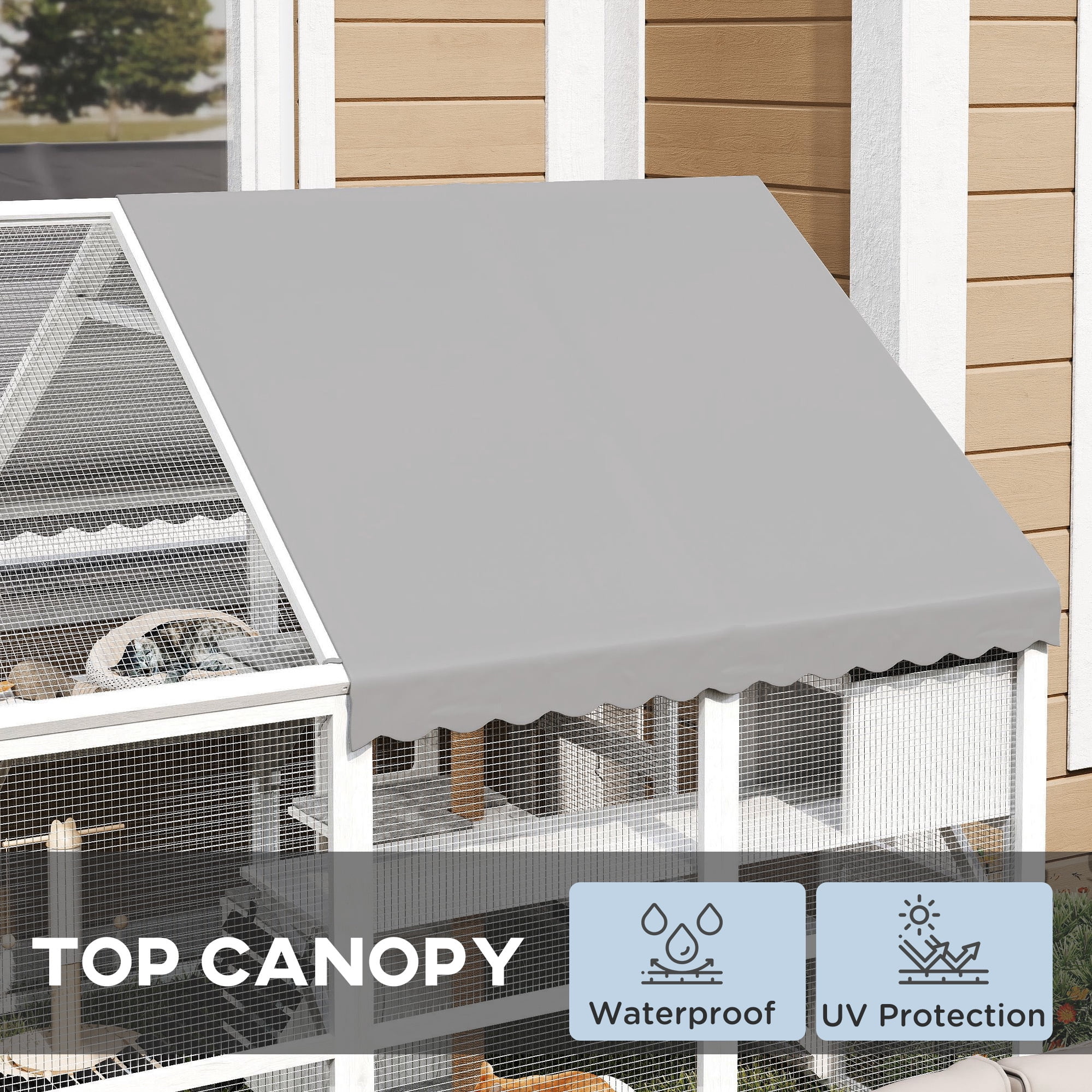 PawHut Large Catio Outdoor Cat Enclosure, Wooden Cat House for Multiple Cats, with Waterproof Cover, 2 Condos, 6 Platforms, Bridge, Doors, White