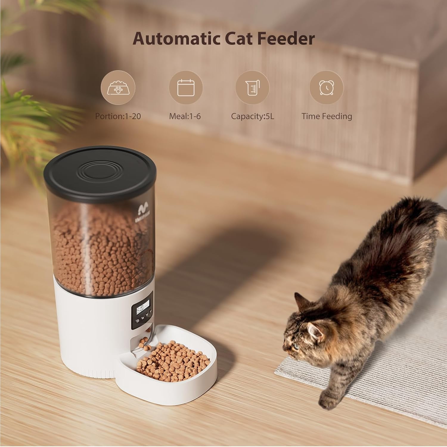Automatic Cat Feeder 5L Large Capacity Timed Food Dispenser with Dual Power Programmable Portion Control for Small Pets