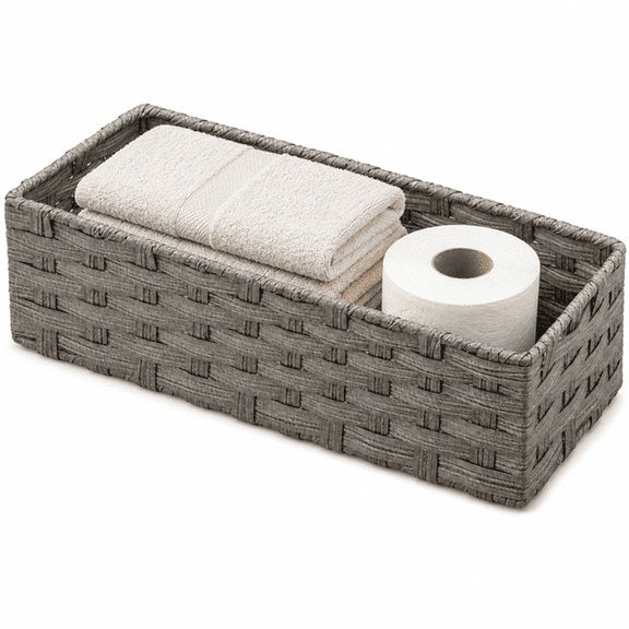 Meilimei Toilet Paper Storage Basket, Hand-Woven Wicker Bathroom Tank Topper Baskets, Waterproof Plastic with Metal Frame – Gray, 16.5"x5.7"x3.7"