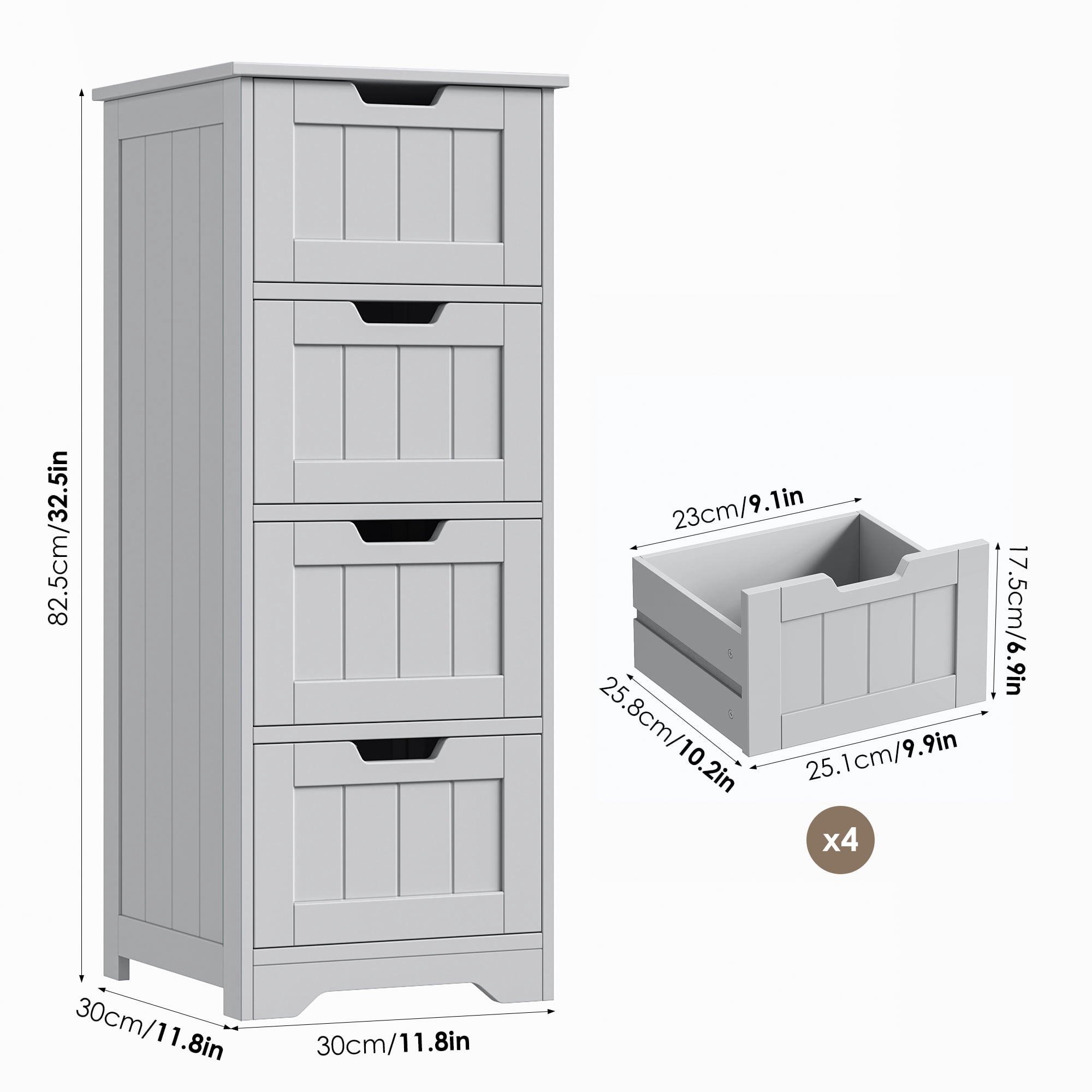 Homfa Bathroom Storage Cabinet, Free Standing Narrow Cabinet with 4 Drawers Entryway Storage Organizer for Living Room Bedroom, Grey