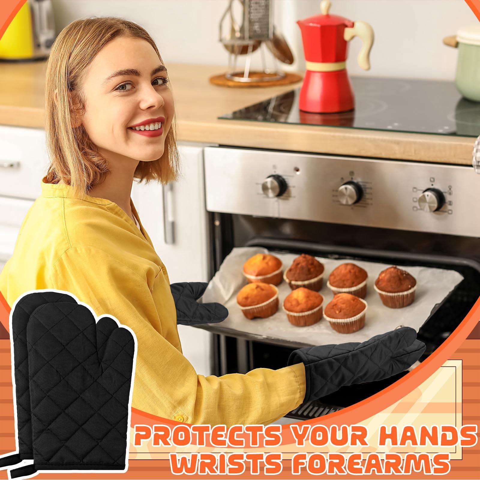Oven Mitts 6 Pairs Heat Resistant Cotton Polyester Kitchen Gloves for Cooking Baking Grilling